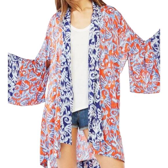 BCBGMaxazria | Tildie XS/S Blue Orange Ikat Print Oversized Open Kimono Cardigan - Picture 1 of 12